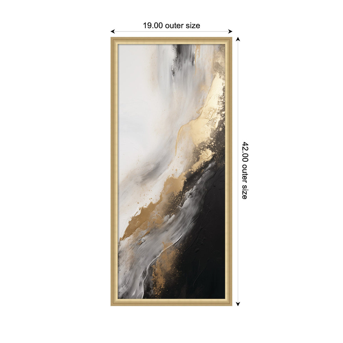 Abstract framed art with sweeping strokes of white, gold, and black blending vertically in a modern glamour style by The Creative Bunch Studio.