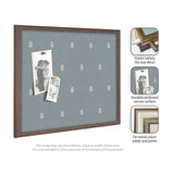 Rectangular framed pinboard with blue canvas featuring small white botanical prints and pinned black-and-white photos, shown with inset details of frame styles and canvas surface.