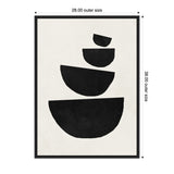 Abstract black geometric shapes stacked from largest to smallest on an off-white background within a thin dark frame, with measurement annotations beside the frame.