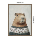 Portrait of a capybara wearing a white and teal sweater with snowflake patterns, set against a light gray snowy background, framed in wood.