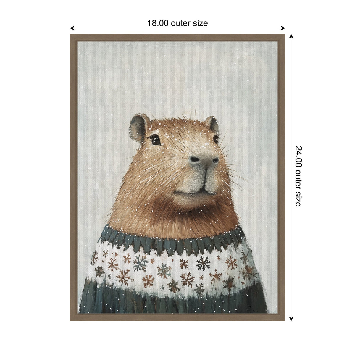 Portrait of a capybara wearing a white and teal sweater with snowflake patterns, set against a light gray snowy background, framed in wood.