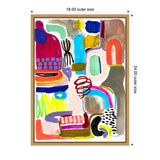 Abstract canvas with vibrant shapes and brushstrokes in red, blue, yellow, pink, and black, framed in natural wood measuring 18 by 24 inches.