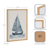 Minimalist blue sailboat print with textured sails and wavy water, framed in a light natural oak wood with a simple gallery profile and sawtooth hangers.
