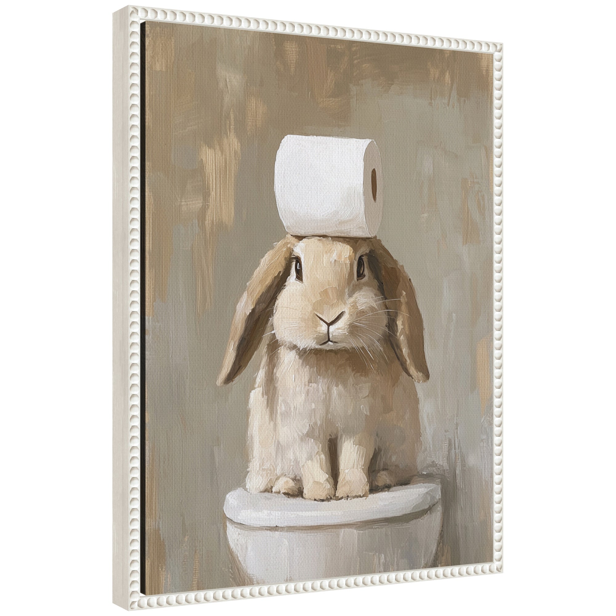 Framed canvas art depicting a cute white bunny head with a toilet paper roll on top against a pale yellow background
