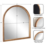 Arched wall mirror with a natural rustic solid wood frame, featuring a 1.5-inch deep scooped profile and D-ring hangers on the back, measuring 32 by 36 inches.