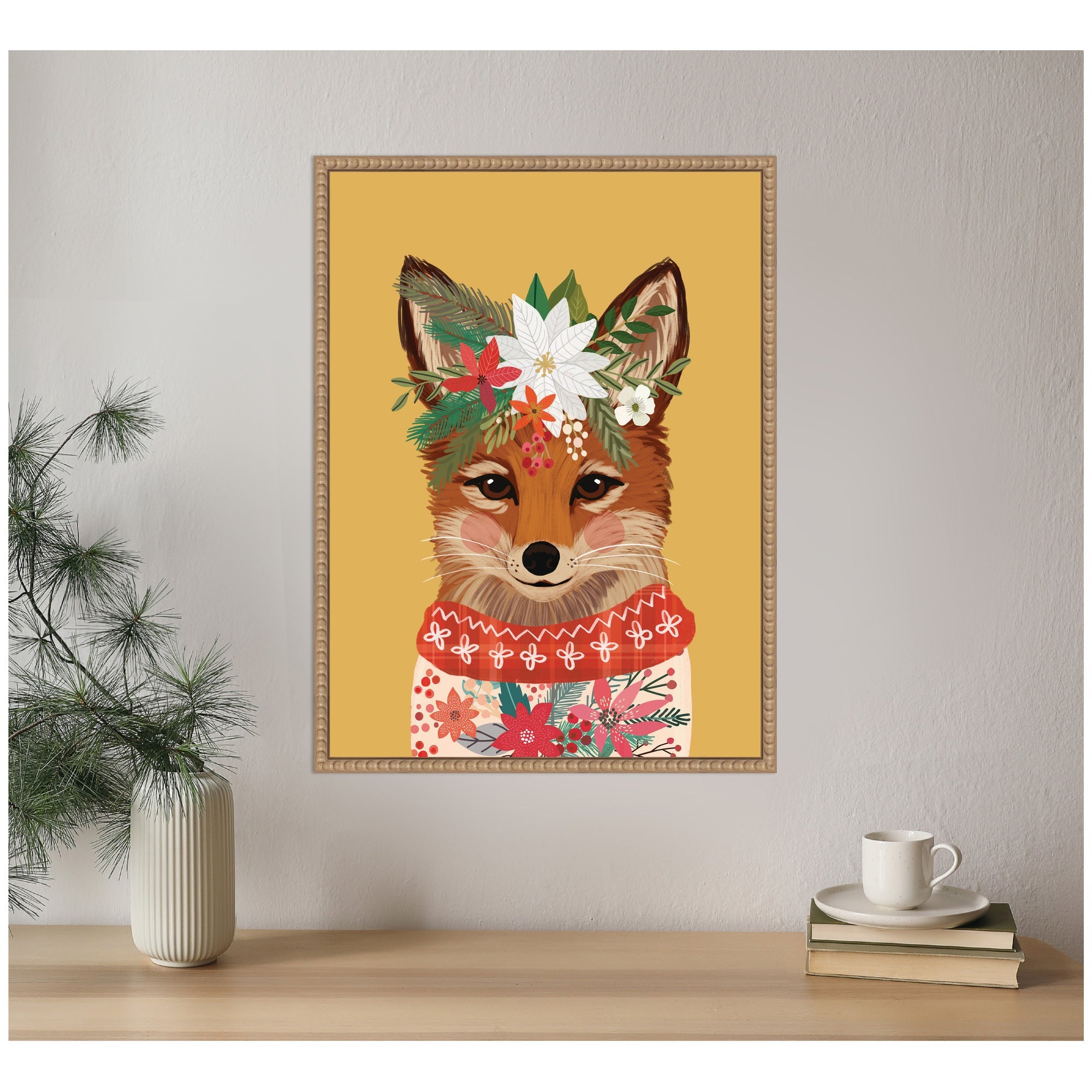 Sylvie Beaded Christmas Fox Framed Canvas by Mia Charro