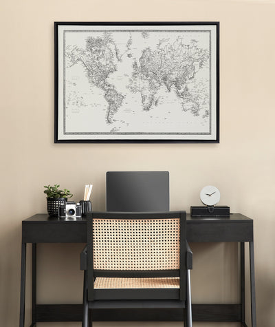 Sylvie Vintage Black and White World Map Framed Canvas by The Creative