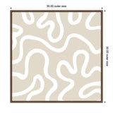 Square framed canvas with abstract organic beige figures outlined in thick white lines on a light beige background, measuring 30 by 30 inches.
