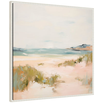 Framed canvas wall art depicting a tranquil beach landscape with pastel colors by Amy Lighthall