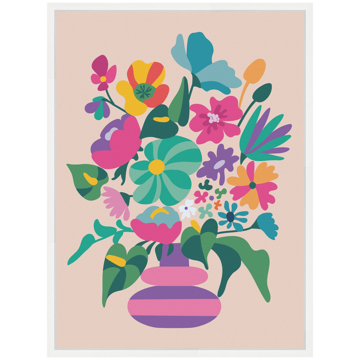 Abstract floral arrangement with stylized blue, pink, yellow, and purple flowers and green leaves in a rounded pink and purple striped vase on a beige background.