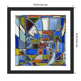 Abstract geometric painting with interconnected shapes in blue, green, orange, and white tones outlined in black, framed with a white mat and black frame.