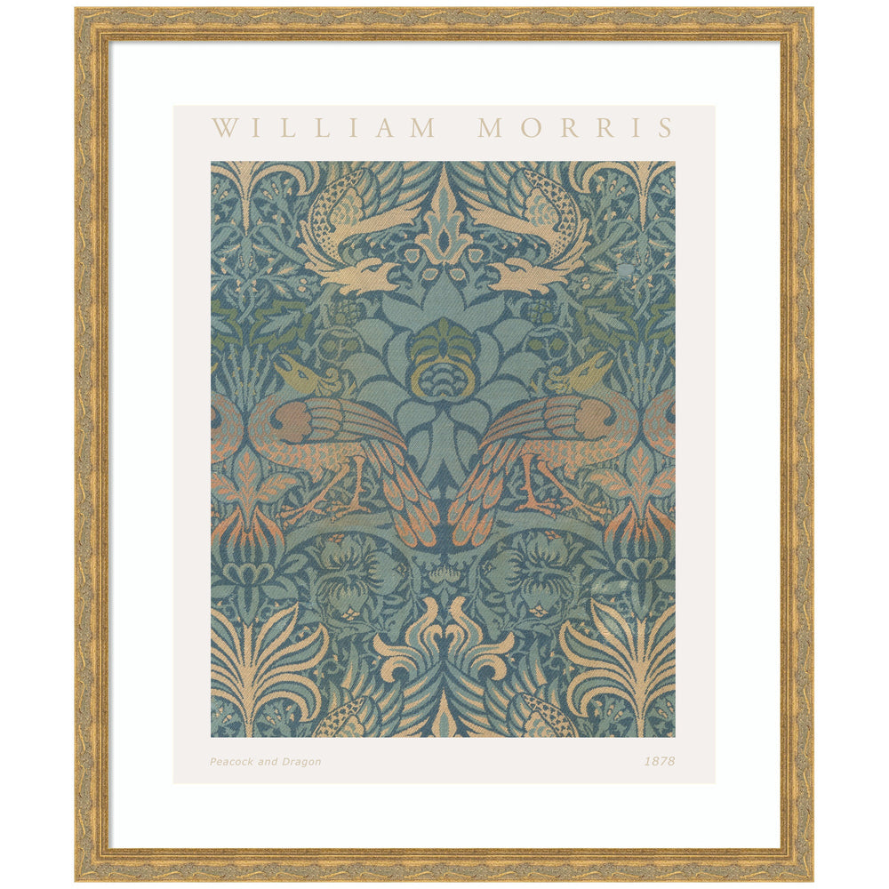 Framed art poster of William Morris Peacock and Dragon 1878 featuring peacocks and dragons in blues, greens, and oranges framed in vintage moulding.