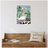 Illustration of a tiger sitting inside a white bathtub surrounded by lush green plants on a black-and-white checkered floor with pastel pink accents and a light blue floral wallpaper background.