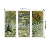 Three vertical panels of a framed canvas set depicting a leafy riverside scene with textured brushstrokes in green, yellow, and blue tones.