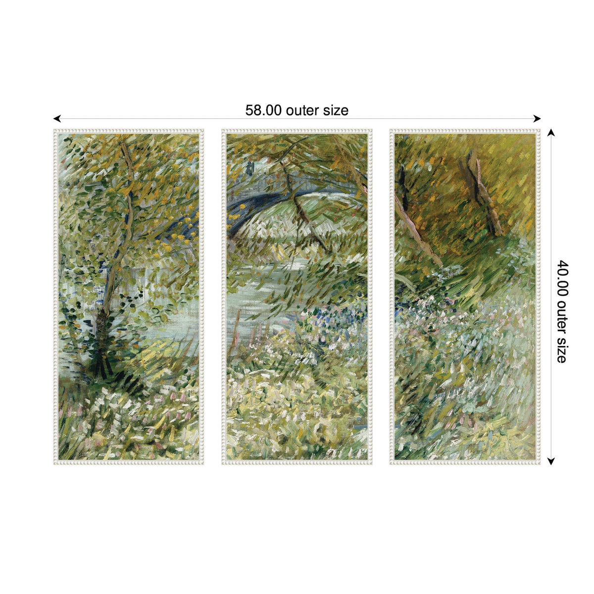 Three vertical panels of a framed canvas set depicting a leafy riverside scene with textured brushstrokes in green, yellow, and blue tones.