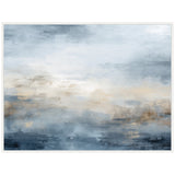 Abstract horizontal canvas with layered soft blues, grays, and beige tones blending to evoke a serene oceanic scene with muted horizon textures.