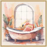 Pink flamingo resting in a vintage clawfoot bathtub with tropical plants and a large arched window in soft pastel watercolor tones.