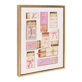 Framed canvas featuring twelve vintage matchboxes decorated with various pink ribbon bows on light-colored backgrounds, arranged in a grid pattern within a beige frame.