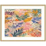 Abstract watercolor painting featuring overlapping leaves and floral shapes in warm oranges, pinks, blues, and greens within a simple gold frame.