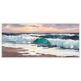 Framed canvas painting of ocean waves crashing onto sandy shore with a colorful sky blending pink, purple, and yellow hues at sunset, signed by artist Mary Sparrow.