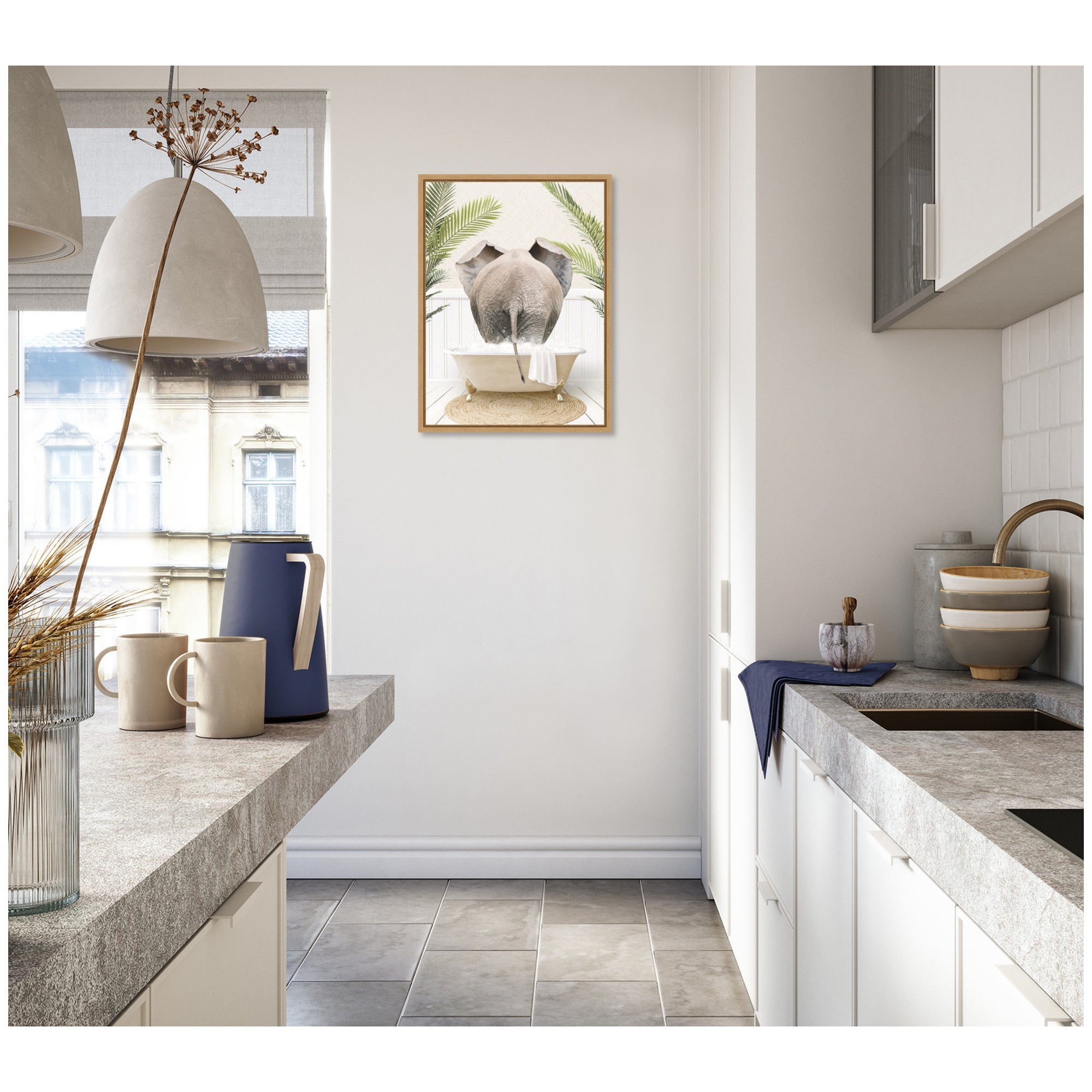 Sylvie Elephant Back in Palm Bathtub Framed Canvas by Amy Peterson