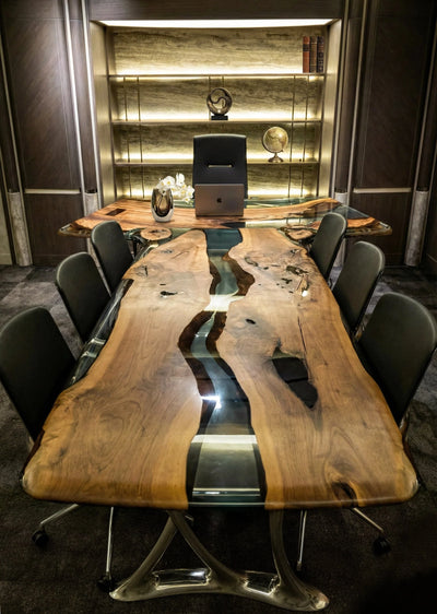Luxury D-Shaped Walnut and Epoxy Executive Desk with cast aluminum legs in various finishes