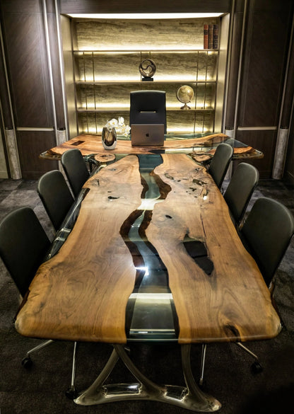 Luxury D-Shaped Walnut and Epoxy Executive Desk with cast aluminum legs in various finishes