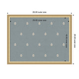 Rectangular blue pinboard with small, evenly spaced white botanical motifs and a light wooden frame, measuring 26 by 20 inches outer size.