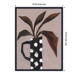 Painting of a black mug with white spots holding five brown leaves on a muted mauve background, framed with a beaded black frame.