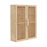 Ori Rattan 2-Door Wall Cabinet showing three shelves inside and cane rattan front doors in a wooden frame mounted on wall
