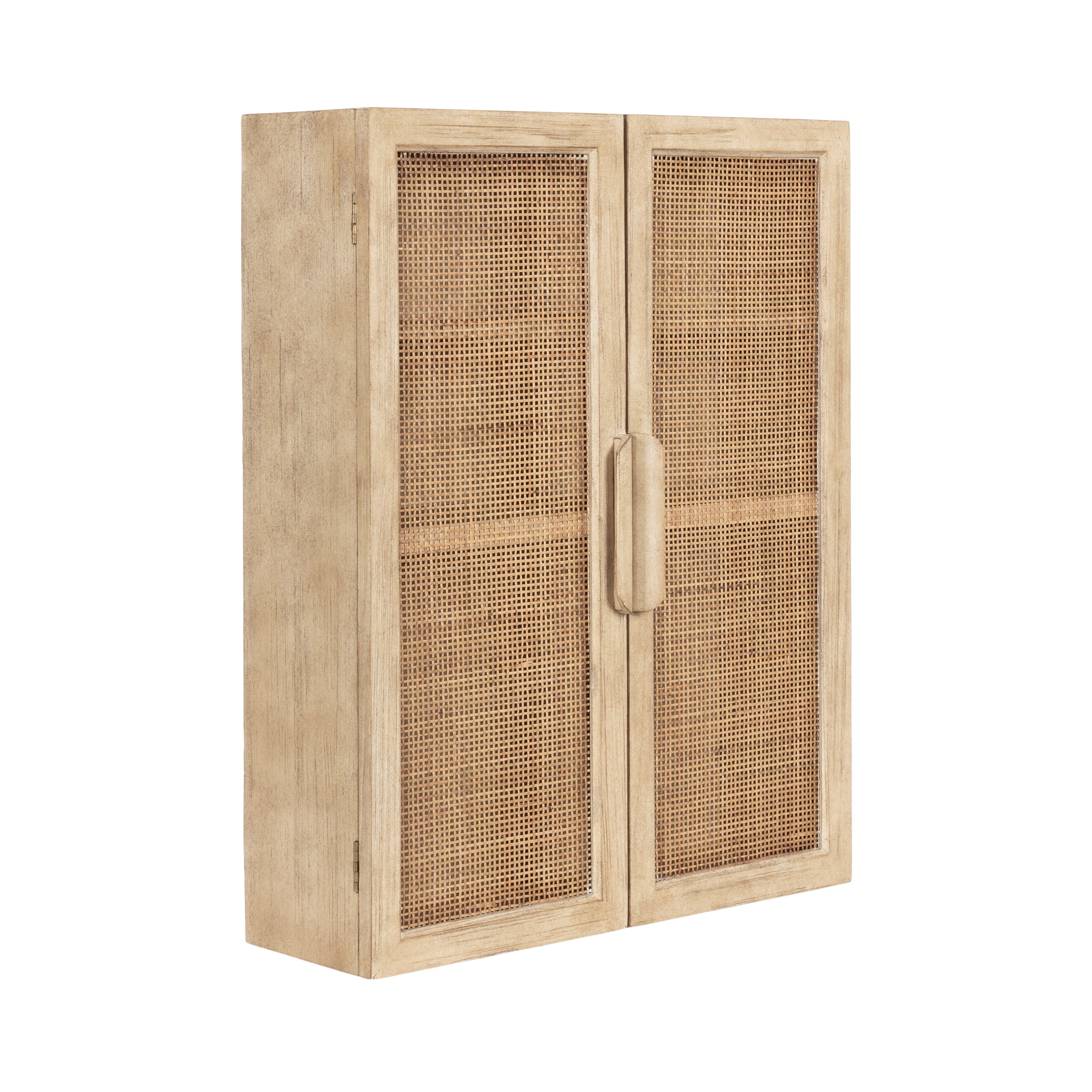 Ori Rattan 2-Door Wall Cabinet showing three shelves inside and cane rattan front doors in a wooden frame mounted on wall