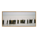 Seagulls perched and resting on weathered wooden posts emerging from calm water under a pale, overcast sky, captured in a wide rectangular framed canvas.