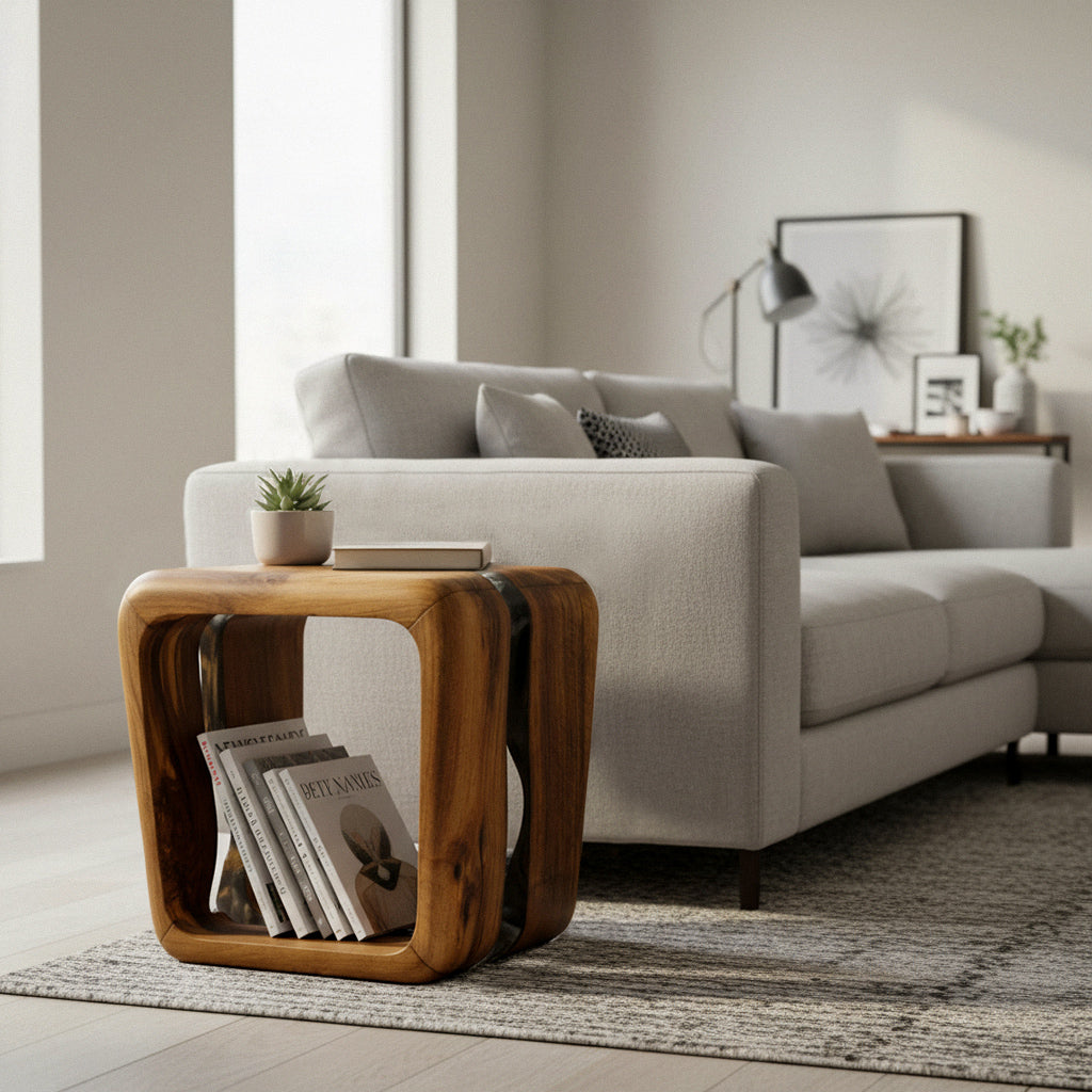 Handcrafted Resin Side Magazine Table Stool made from wood with a modern minimalist design