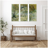 Three-panel framed canvas wall art showing Vincent van Gogh's 1887 springtime riverbank scene with green foliage and flowing water, hung above a wooden bench with white cushions in a bright room.