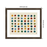Abstract wall art print with six rows of colorful, uneven circular dots in muted tones on a beige background, framed in dark wood measuring 26 by 22 inches.