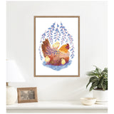 Framed artwork of a brown hen with blue and purple feather accents, surrounded by three yellow chicks and blue wisteria flowers hanging overhead.