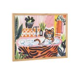 Illustration of a tiger bathing in a striped orange bathtub filled with bubbles, surrounded by plants and colorful patterned tiles with pink and yellow accents.