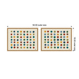 Two framed canvases each featuring a grid of colorful circles in teal, mustard, rust, and green, arranged in horizontal rows on a cream background, side by side with outer dimensions shown.