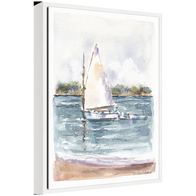 Framed canvas artwork titled 'Sylvie 2 Maryanne Welch Chatham Fog Sailboat' depicting a foggy beach sailboat scene