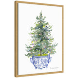 Watercolor painting of a traditional green Christmas tree decorated with colorful baubles, planted in a blue chinoiserie pot with floral patterns, framed in natural wood.