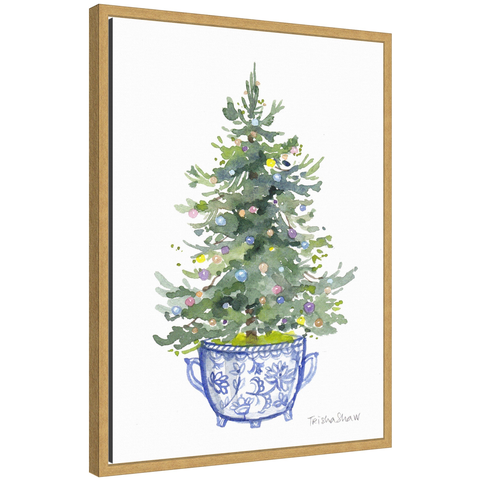 Sylvie Framed Canvas Traditional Christmas Tree In Blue Chinoiserie Pot