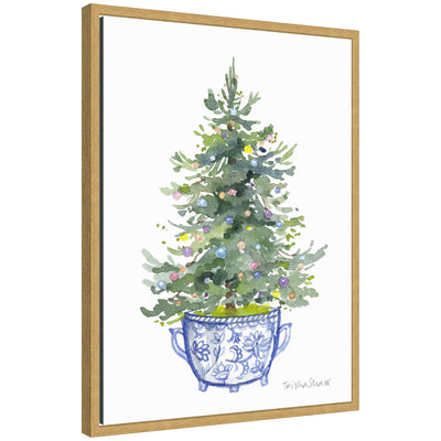 Sylvie Framed Canvas Traditional Christmas Tree In Blue Chinoiserie Pot