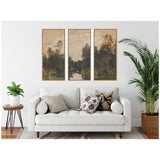 Three-panel framed canvas wall art depicting a muted brown and green tree landscape against a hazy sky, hung above a white sofa with patterned and solid throw pillows in a modern living room.
