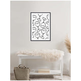 Black line drawings of wine glasses in various orientations on a white background, framed and hung above a white bench with a beige fur throw and a beige bag nearby.