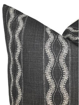 Charcoal fabric pillow cover featuring vertical wavy white stitched lines creating a textured, linear pattern on a dark woven background.