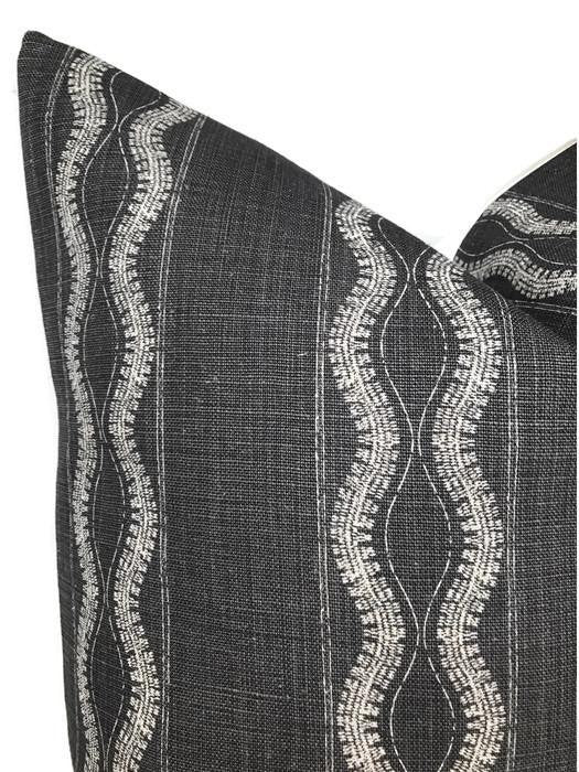 Charcoal fabric pillow cover featuring vertical wavy white stitched lines creating a textured, linear pattern on a dark woven background.