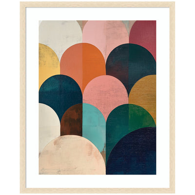 Framed minimalist geometric abstract art featuring overlapping jewel tone shapes by The Creative Bunch Studio