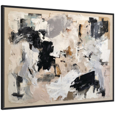 Framed canvas wall art showing expressive tonal neutral abstract with black, white, grey, and earthy tones in Sylvie Dark Gold frame