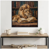Painting of a lion resting its head and paw on an open book with shelves of old books in the background, framed and hanging above a wooden table with decorative items.