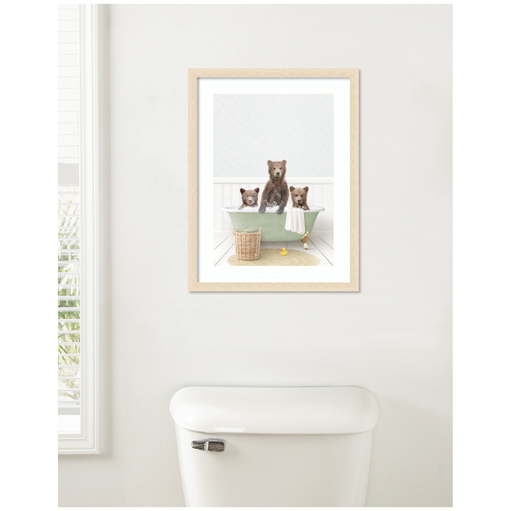 Three Bear Cubs in Cottage Green Bath by Amy Peterson Framed Wall Art Print